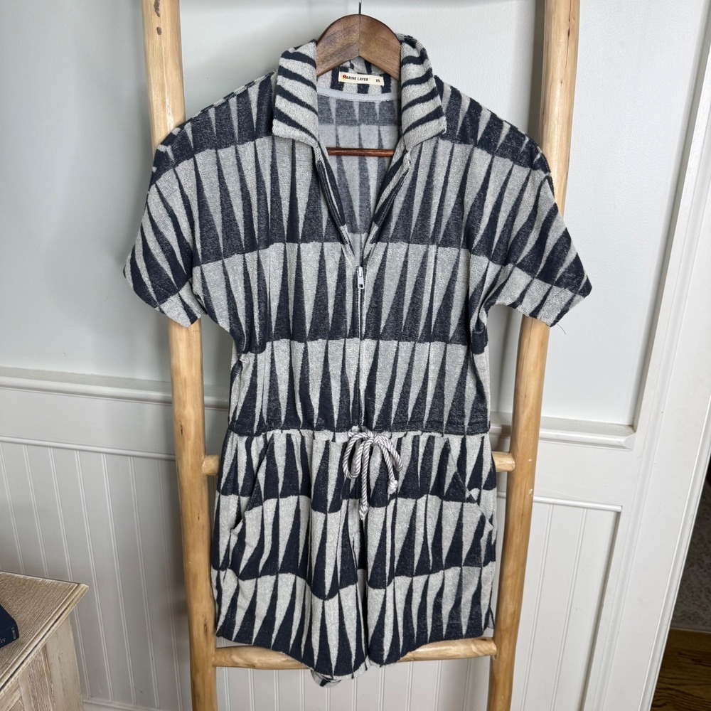 Marine Layer Terry Cloth Geometric Romper Grey Black Zip Front XS